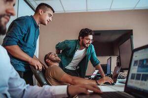 Programmers engrossed in deep collaboration, diligently working together to solve complex problems and develop innovative mobile applications with seamless functionality. photo