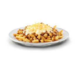 Poutine fries topped with cheese curds and gravy served on a transparent glass dish Canadian png