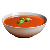 A steaming bowl of tomato soup in a clear glass dish, viewed from a 45-degree angle, with a sprig of fres png