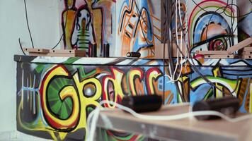 Empty pizza boxes and spray cans left over in dirty ghetto by urban explorers venturing into abandoned structures. Graffiti art and scattered debris done by guerilla artists in urbex location video