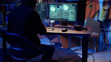 Hacker failing to infiltrate another country government security systems in international espionage effort. Secret agent attacking servers in digital warfare, getting rejected by firewall video