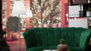 Luxurious comfortable therapy office used for counseling sessions and sincere discussions to help with mental health issues. Empty high end modern psychotherapy safe space with plants. video