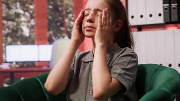 Worried adolescent with low self esteem and depression opening up in counseling session, feeling stressed with internal frustration and low confidence. Behavioral therapy. Camera A. video