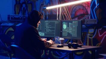 Hacker uses PC to target vulnerable unpatched connections, seeking to compromise digital devices and steal valuable sensitive data. Rogue programmer finds exploits for system vulnerabilities, camera B video
