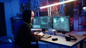 Spy in secret hideout angry after trying to steal valuable data by hacking governmental websites but getting attacks rejected by security. Upset espionage expert denied access to sensitive info video