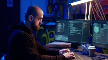 Hacker building spyware software designed to gather information from users computers without their knowledge. Man doing cybercriminal activities in rundown hideout, dolly out shot video