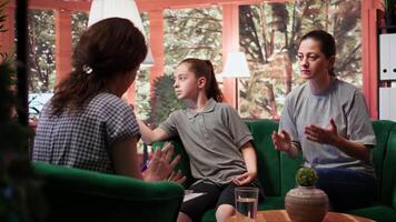 Troubled teen suffers from loss of contact and disorientation, desperate mother coming to a psychotherapy session. Adolescent dealing with depersonalization and altered perception syndrome. Camera B. video