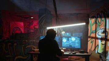 Hacker in hidden location with graffiti walls using PC to deploy malware on unsecured devices, stealing sensitive data from unaware users online and selling it on black market, jib down shot video