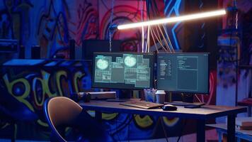 Zoom in shot of abandoned basement with graffiti drawings on walls and advanced technology computers left open running code. Underground hideout painted in grungy style used by hackers video
