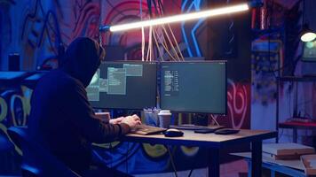 Hacker leaves secret base after finishing using exploits to break into computer systems and access valuable data, bypassing firewalls. Cybercriminal departing from underground bunker video