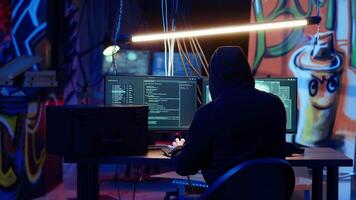 Hacker leaving secret base with SSD in briefcase containing data obtained from victim after tricking it into installing ransomware program. Man exiting base of operations with suitcase, camera B video