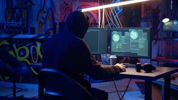 Evil cybercriminal in hidden base targeting vulnerable unpatched connections, getting past computer defenses and stealing data, dolly in shot. Hacker destroying firewalls and infecting computers video