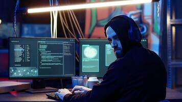 Hacker doing international espionage warfare for his government to steal state secrets from another countries, anxiously looking over shoulder, afraid of being caught and going to jail, camera B video