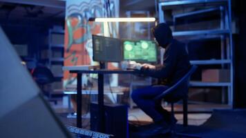Revealing shot of spy using VPN and darknet as anonymity tools to mask online identity while stealing governmental secrets. Man in underground bunker masks his location, committing espionage, camera A video