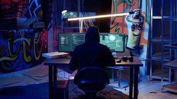 Hacker devising plan, coding malware designed to exploit network backdoors, bypassing security measures such as logins and password protections in graffiti painted bunker, dolly in shot video