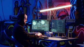 Skilled hacker deploying malware on unaware victims computers, stealing sensitive and private information, selling on darknet to highest bidder, looking at computer screen in hideout, camera B video