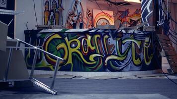 Empty destroyed infrastructure with graffiti street art on walls, concept of alternative lifestyle. Messy base of operations used by hooligans to hangout and commit illegal activities, panning shot video