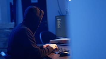 Hacker uses PC to target vulnerable unpatched connections, seeking to compromise digital devices and steal valuable sensitive data. Rogue programmer finds exploits for system vulnerabilities, camera A video