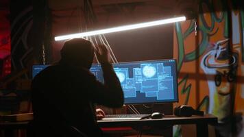 Hacker in dark neon lit underground HQ coding malware designed to exploit network backdoors, using tools to bypass security measures such as logins and password protections. handheld camera shot video