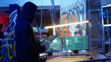 Lone wolf hacker in neon lit secret hideout trying to hide his online activity after stealing data from victims using computer virus, trying to avoid being detected, using tablet, camera A video
