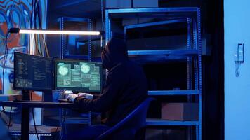 Rogue computer expert in graffiti sprayed hideaway targeting vulnerable unpatched connections, focused on getting past digital devices security and stealing valuable sensitive data, dolly in shot video