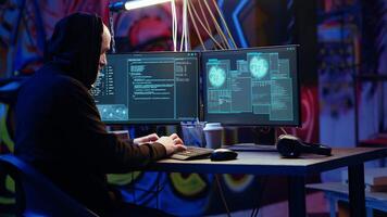 Hooded hacker in graffiti painted hideaway targeting vulnerable unpatched connections, having burst of joy after getting access granted past security and stealing valuable sensitive data video