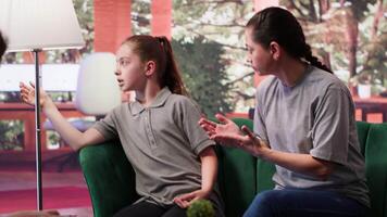 Troubled teen suffers from loss of contact and disorientation, desperate mother coming to a psychotherapy session. Adolescent dealing with depersonalization and altered perception syndrome. Camera A. video