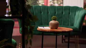 Empty luxurious psychiatry interior office equipped with modern furniture and flowers, comfortable safe space used for listening to clients issues. Counseling session for mental health problems. video