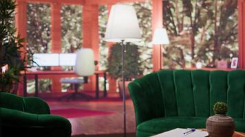 Empty luxurious psychiatry interior office equipped with modern furniture and flowers, comfortable safe space used for listening to clients issues. Counseling session for mental health problems. video