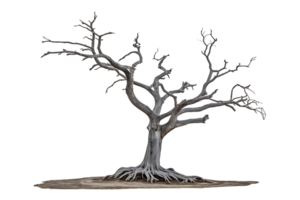 skeletal tree with gnarled branches and exposed roots isolated on transparent background png