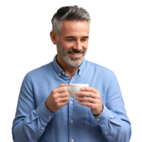 man smiles while looking down at a cup of coffee in his hands isolated on transparent background png