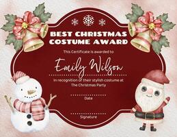 Best Christmas Costume Award Certificate Template in Cartoon Watercolor Theme