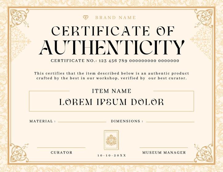 Certificate of Authenticity with Victorian Swirl Style Design