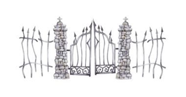 Old, rusty, metal gate, broken fence bars, watercolor illustration. Silhouette of a creepy Halloween fence, cemetery, abandoned building isolated from background. For designing cards, invitations, png