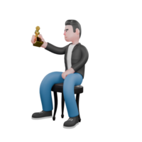 Cartoon Music Star in 3D. a male musician sits on a chair holding a trophy in his left hand. Singing Character png