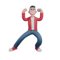 A male singer stands with his right leg straight out to the side and his left leg bent while both his hands are raised, the left hand holding a microphone and the right hand clenched. png