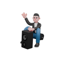 3D Character of Music Star. A male musician sits on a small speaker with his left hand raised in a waving gesture and his right hand on a large speaker in front of him. Singing Talent png