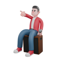 Singing Star 3D Model. A male singer is sitting on a speaker facing the right side with his right hand pointing forward. Vocalist Design png