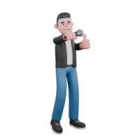 3D Cartoon Singing Performer. a male musician stands holding a microphone in his right hand and gives a thumbs up to his left hand. Music Star png