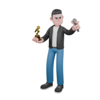 Singing Musician in 3D. A male musician is standing with both hands holding a trophy and a microphone with a smiling expression. Cartoon Model png