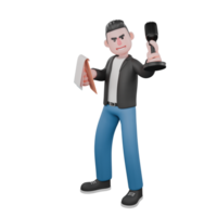 Cartoon Music Performer Character. A man is standing while holding a notebook and a microphone. 3D Singer png
