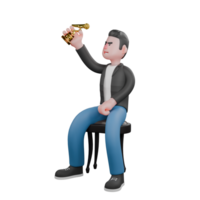 3D Model of Cartoon Music Artist. A man is sitting on a chair holding a trophy, with a happy expression. Performance Character png