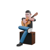 3D Character of Singing Musician. A man is sitting at a speaker holding a guitar, with an expression of playing the guitar. Vocal Artist png