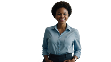 A woman in a blue shirt and black pants png