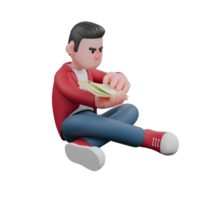 Singing Personality 3D. A male singer is sitting on the floor with his left leg bent and his right leg perpendicular to it while reading a lyric book. Music Performer png