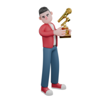 3D Illustrated Singer Character. A male singer is standing with both his hands carrying a trophy. Vocal Artist Design png