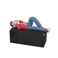 Animated Cartoon Singing Character. A male singer is lying on the speaker with his right leg bent and his left leg straight forward while covering his eyes with both hands. Vocalist Design png