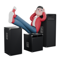 3D Vocal Artist Character. A male singer is sitting asleep propped up on several rows of speakers. 3D Vocal Artist png