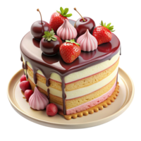 Heart-Shaped Chocolate Cake with Strawberries and Cherries Perfect for Valentine's Day or Romantic Occasions png