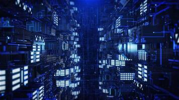 Visualize a digital matrix on a blue background, this represents the vast digital cyberspace connected by high-speed internet networks, facilitating the seamless transfer of digital data. video
